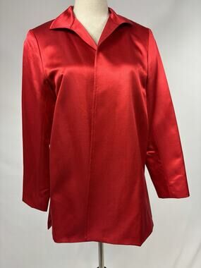 Lafayette 148 Jacket Silk Blazer Red Satin Size 8 Petite 8P Open Front Side Slit